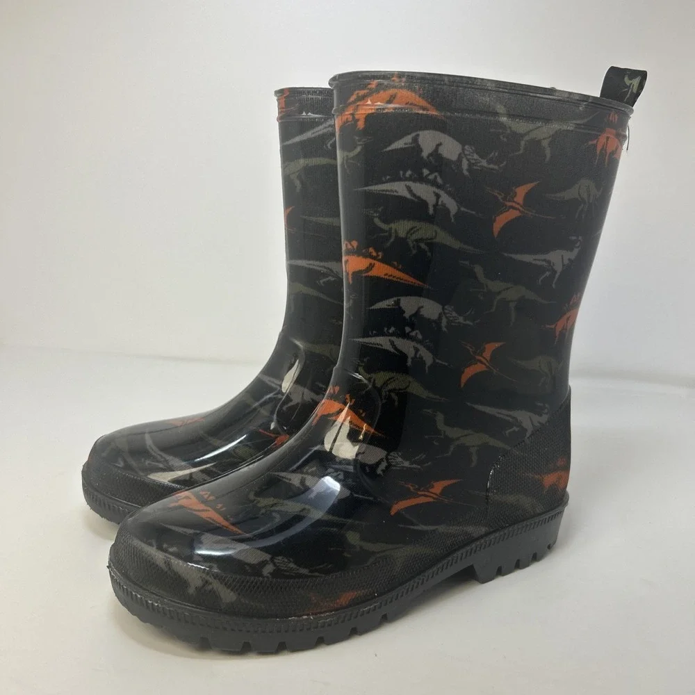 Capelli New York Boys Dinosaur‎ Rain Boots Size 3 Kids Black Orange Waterproof